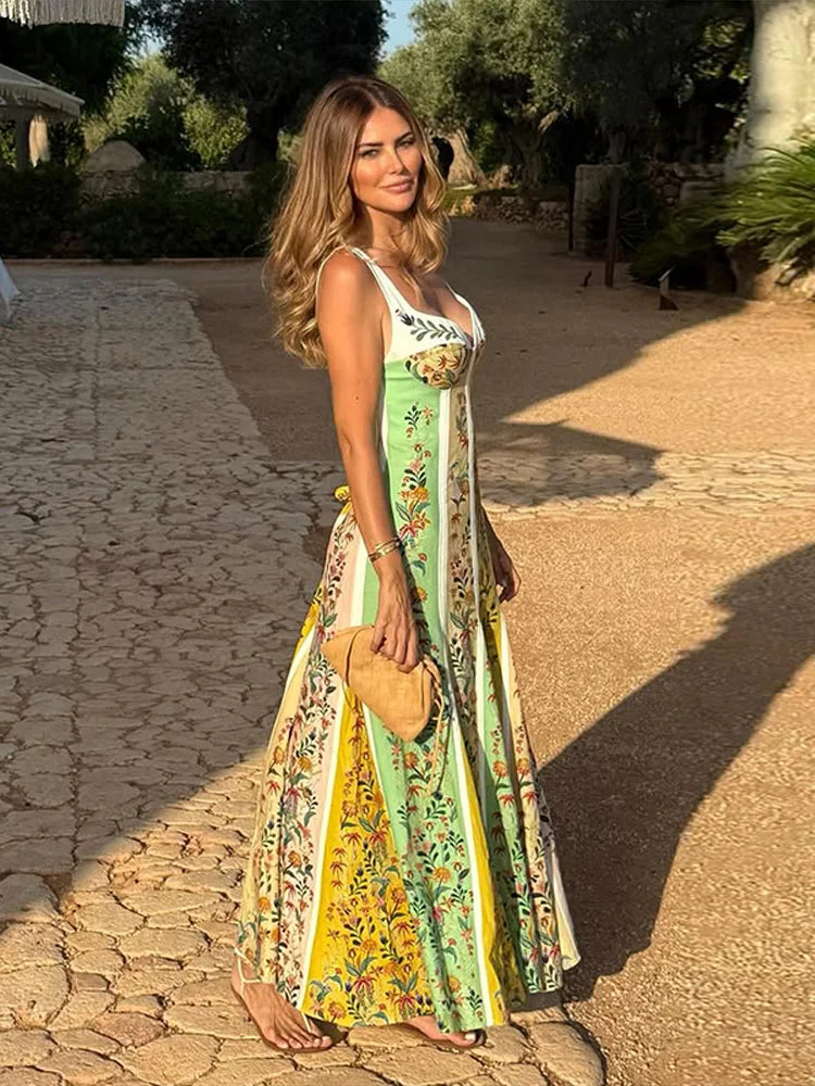 Women's Floral Print Linen Blend Maxi Dress Sweetheart Neckline Sleeveless Panelled Form With Contrast Floral Print