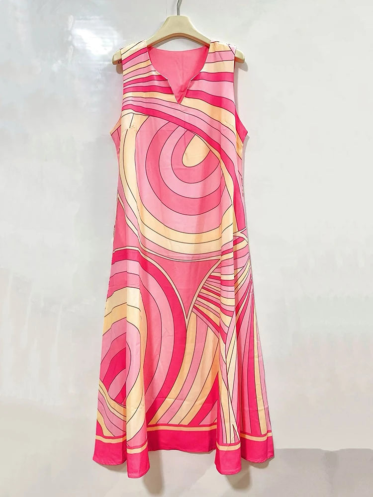2026 Summer Women's Clothing Retro Geometric Print V-neck Pullover Sleeveless Dress Fashion Loose Large Size A-Line Tank Top - Shellss