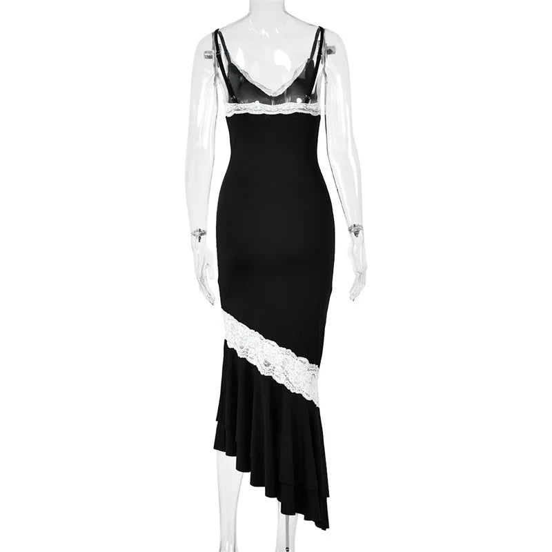 Mozision Women Spaghetti Strap V‑Neck Sexy Midi Dress Contrast White Lace Patchwork Ruffle Hem Bodycon Party Evening Dresses
