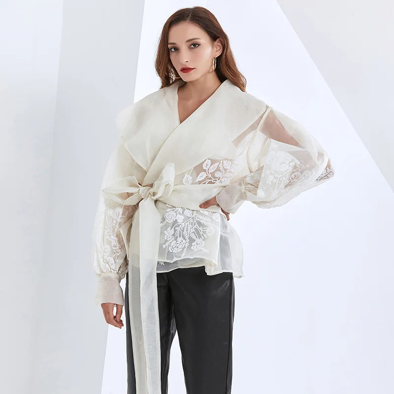 Embroidered Lapel Blouse