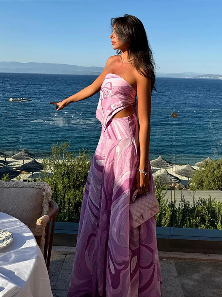 Printed Strapless Pink Skirt Set