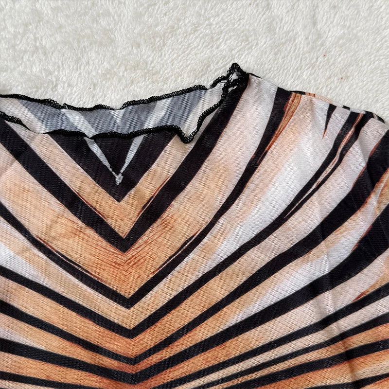 Summer Stripe Sheer Mesh Two Piece Set Women Short Sleeve Top High Waist Pants Elegant See Through Bodycon Matching Sets - Shellss