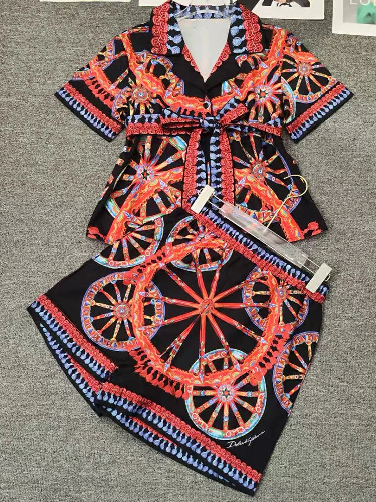 Elegant Retro Wheel Print Two-Piece Suit for Women Short Sleeve Lapel Lace-Up Shirt with Elastic Waist Shorts Summer Fashion - Shellss