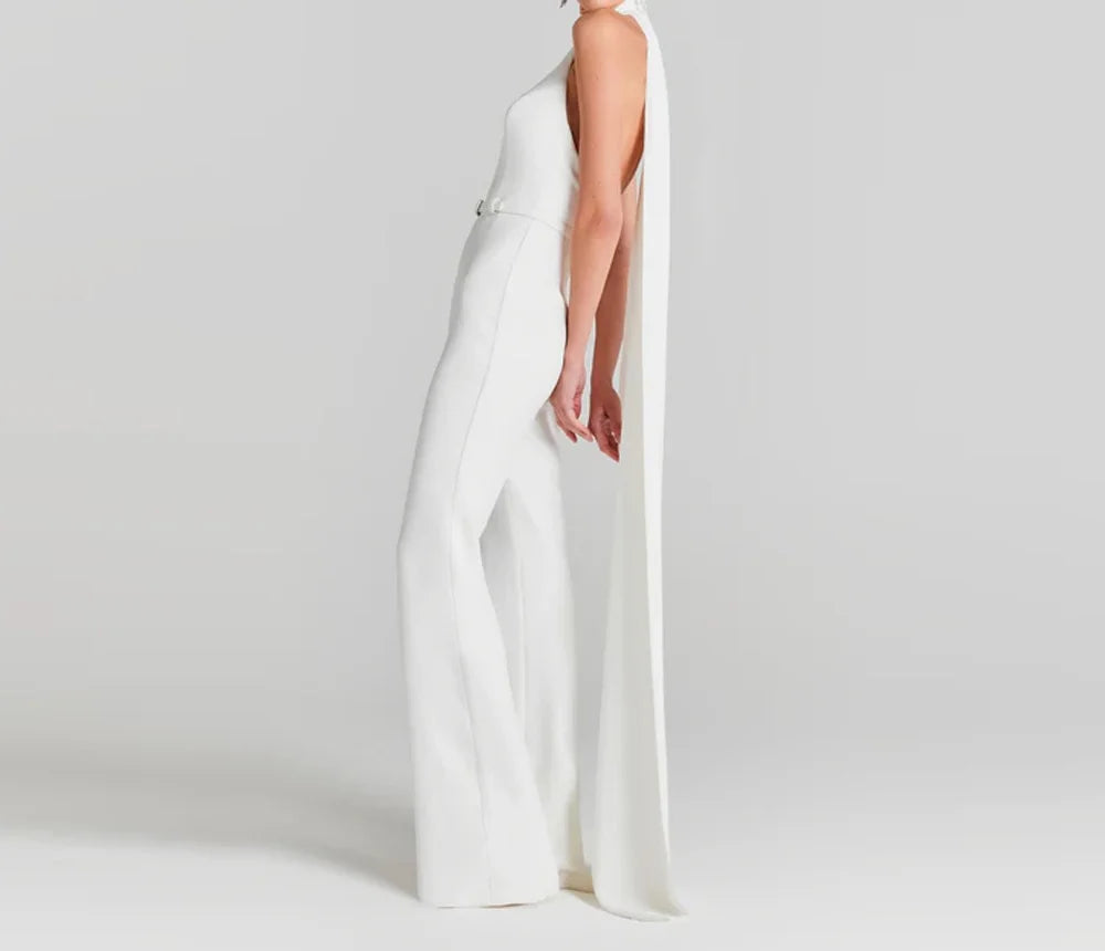 Backless White Wide Leg Jumpsuit Elegant Old Money