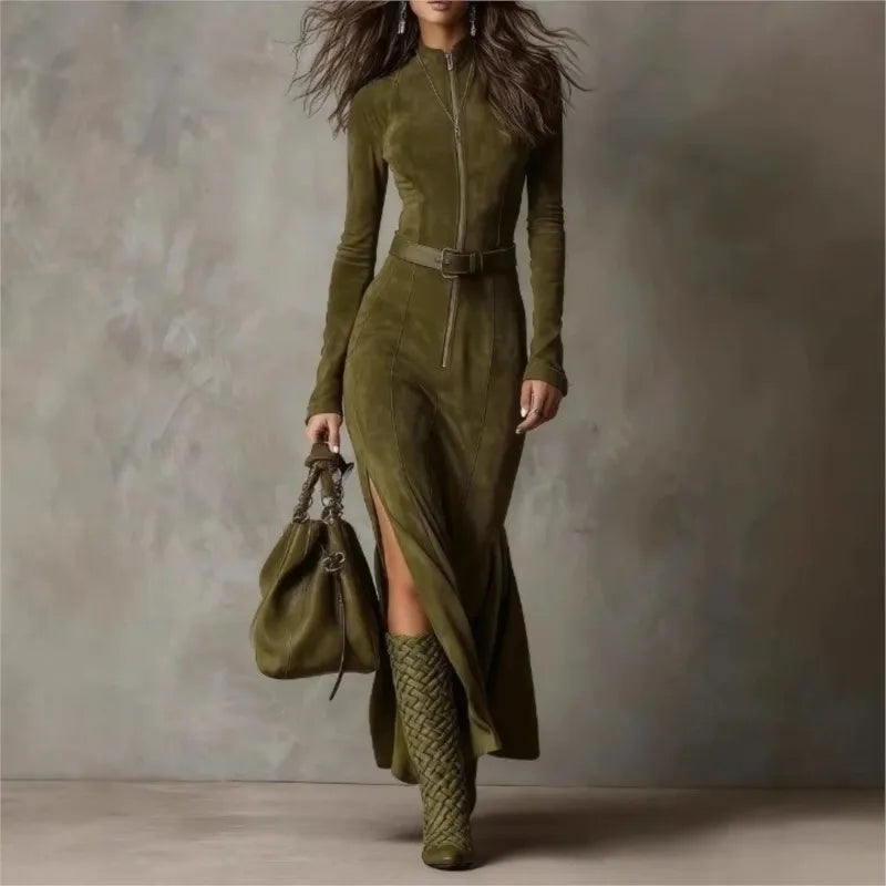 Vintage Solid Zipper LongDress