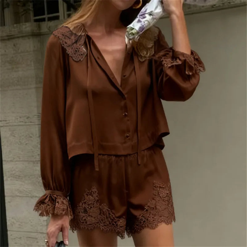 Y2K Two Piece Satin Lounge Shorts Set Women Silk Lace Trim V Neck Long Sleeve Blouse T-shirt and Shorts Elegant Lady Outfit