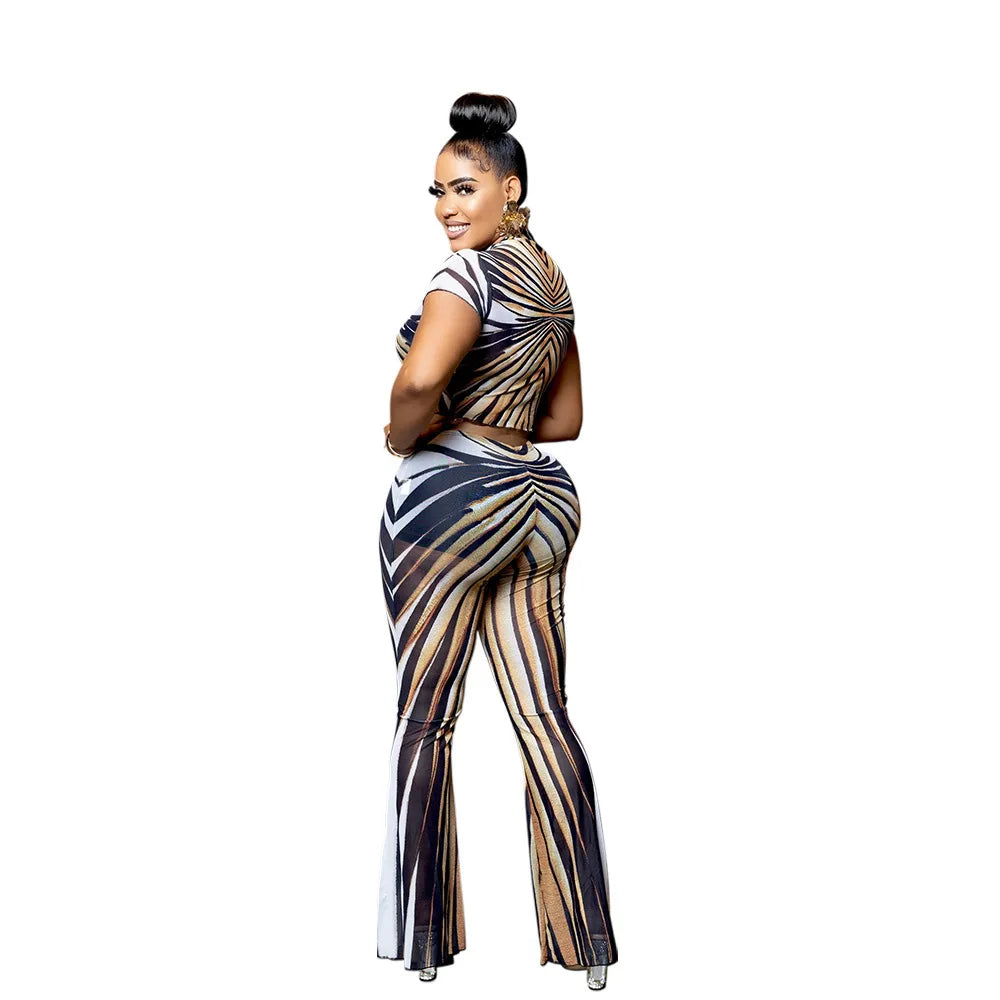 Summer Stripe Sheer Mesh Two Piece Set Women Short Sleeve Top High Waist Pants Elegant See Through Bodycon Matching Sets - Shellss