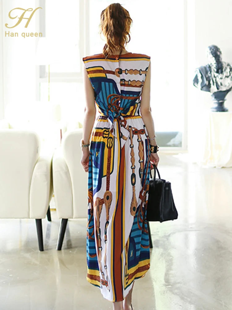 H Han Queen Hot Sales Korean Women's Summer Sexy Prints Work 2 Pieces Set Sleeveless Tops & A-Line Long Skirt Korean Skirt Suit