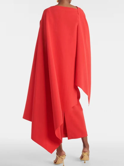 Elegant Red Dress Cape Sleeve Asymmetrical