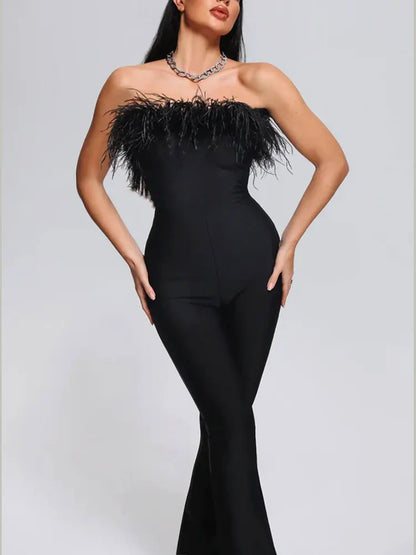 Women Strapless Sleeveless Off Shoulder Feather Design Bandage Jumpsuit