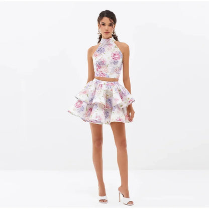 1 Sexy Print TOP & Ruffle Mini Skirt Set