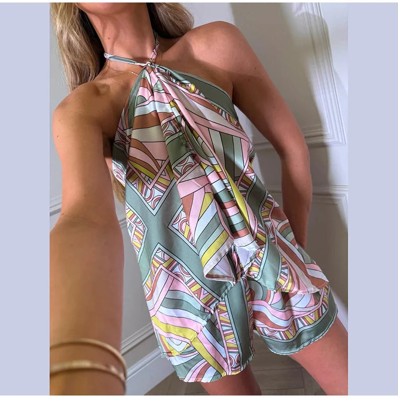 Sexy Women's Satin Printed Vest Shorts Set Lace Up Backless Strapless Crop Tops High Waist Short Pant 2026 Summer Beach Suit