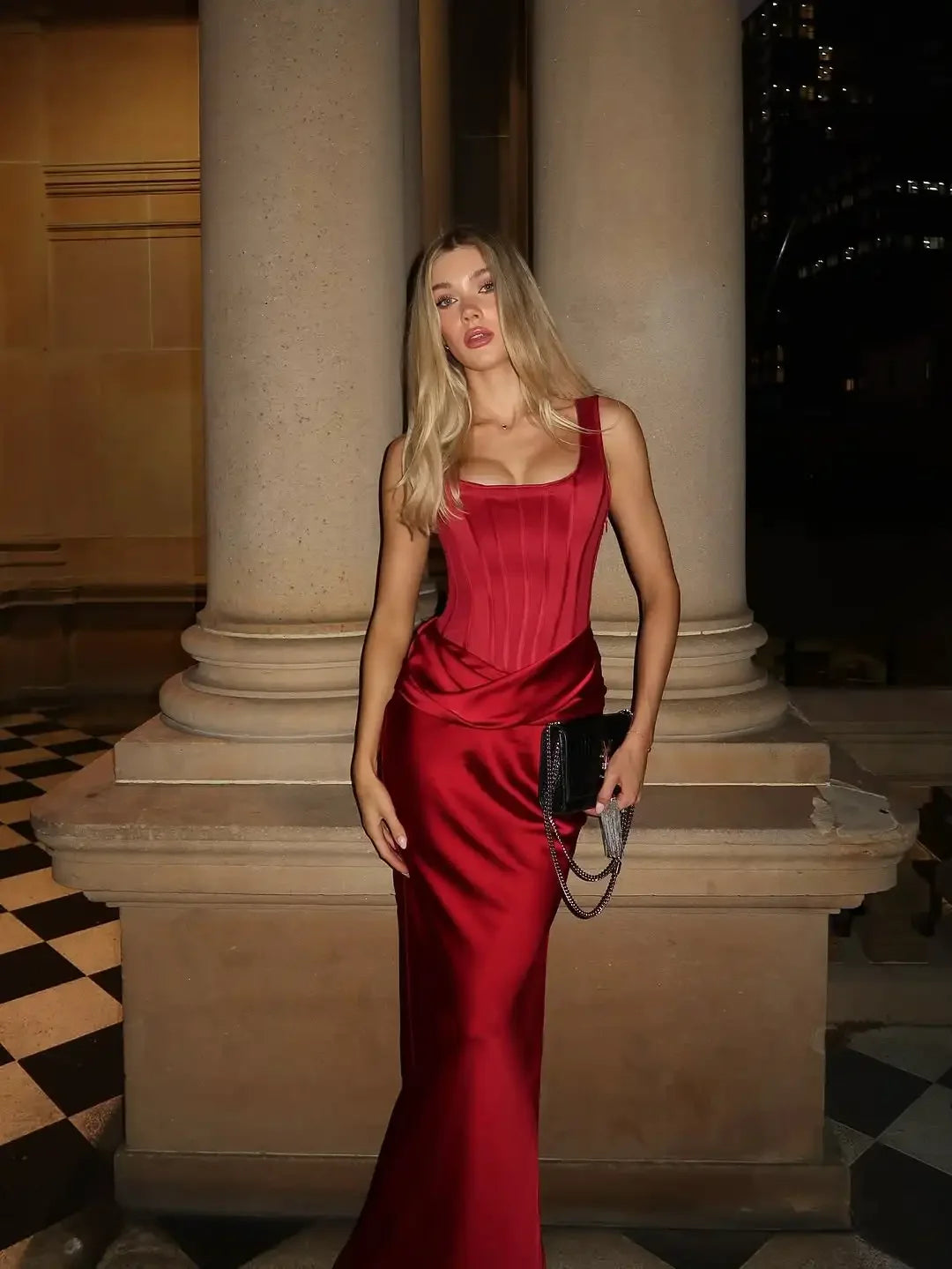 Women Satin Fishbone Corset Dress Elegant Sleeveless Off Shoulder Patchwork Slim Maxi Sling Vestidos Lady Fashion Party Gowns - Shellss