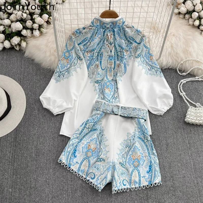 Stand Collar Wide Leg shorts Vintage Floral Summer Outfits