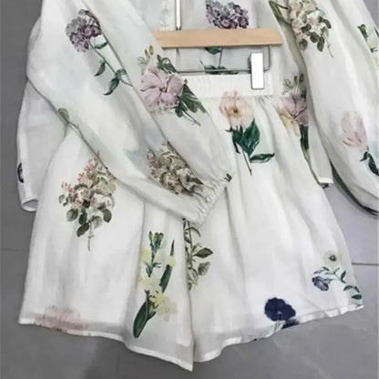 Limiguyue Blumendruck Weißes Damen-Set Sommer Zweiteiler Bequemer Shorts-Anzug mit weitem Bein Dünne Langarmshirts 017P
