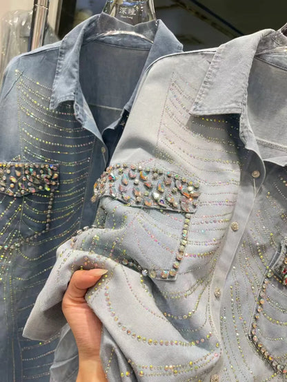 Sparkle Diamonds Loose Trend Casual Denim Shirts