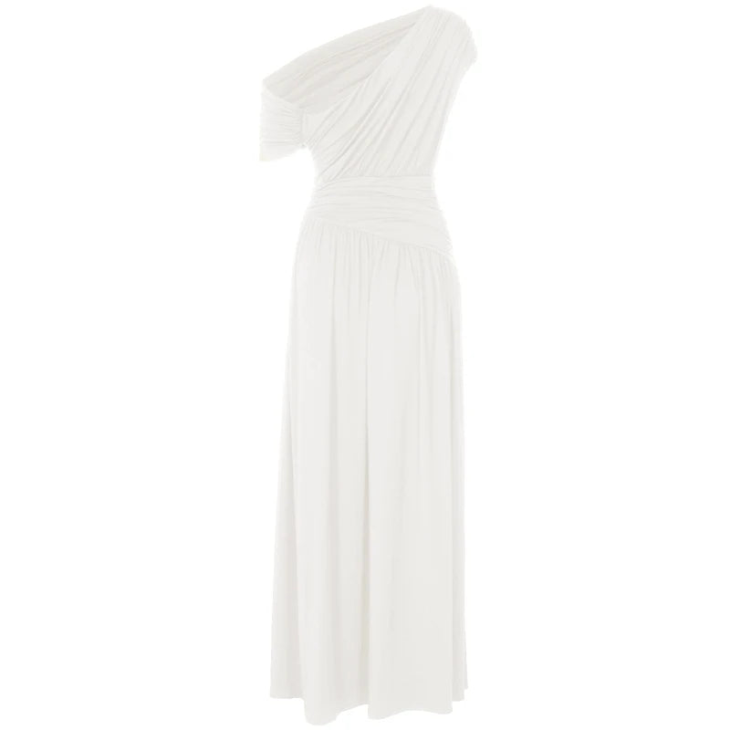 Hugcitar One Shoulder Ruched Sleeveless Solid Pleated Sexy Irregular Y2K Maxi Dress Summer Elegant Party Women Clothes Vacation - Shellss