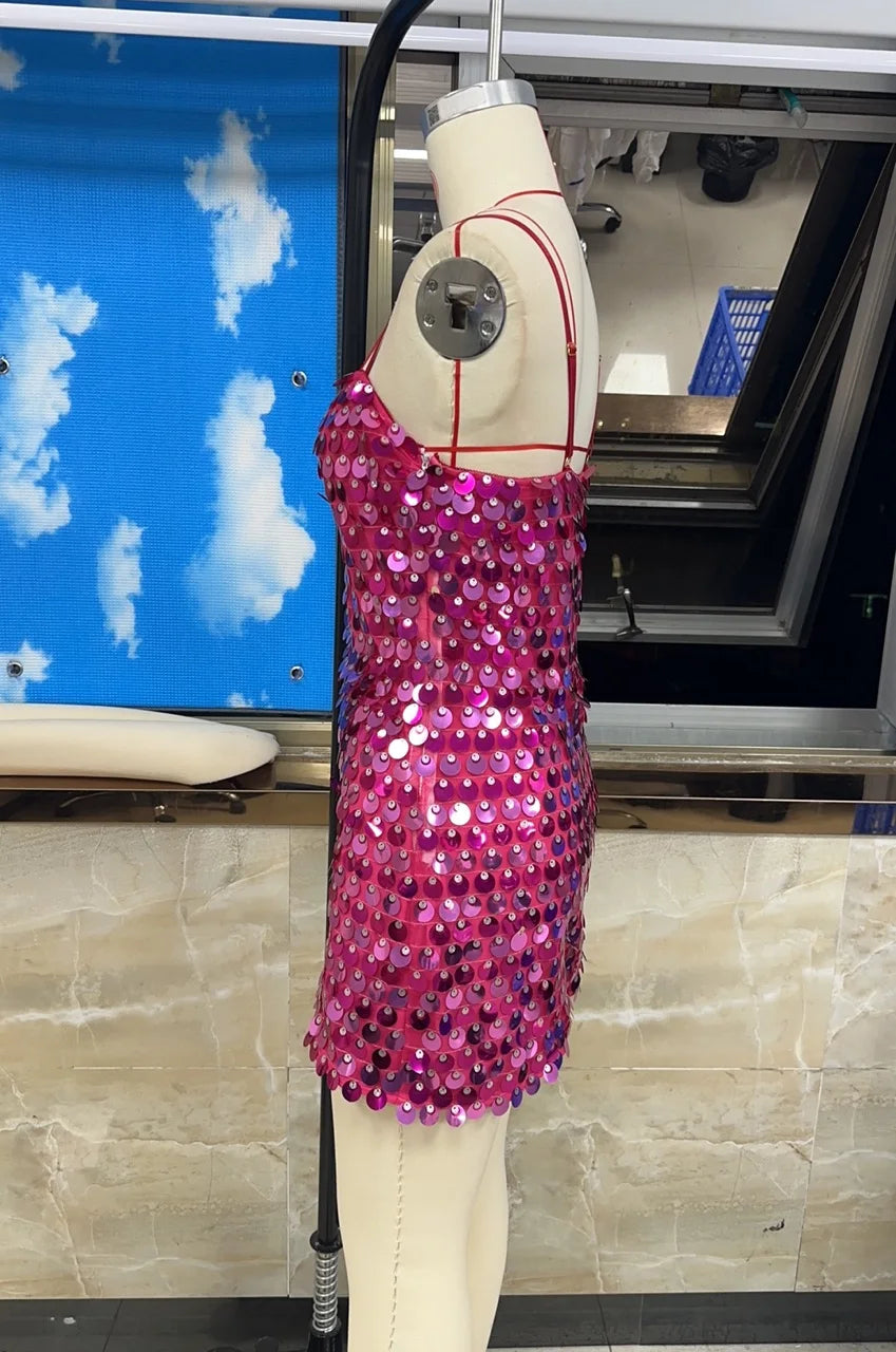 Women Party Club Shiny Sequined Backless Cami Dress Y2k Sparkly Slim Fit Adjustable Thin Spaghetti Strap Mini Bodycon Slip Dress