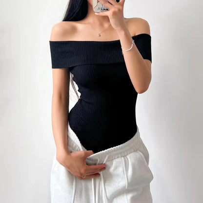 Off Shoulder Rib Knitted Bodysuit