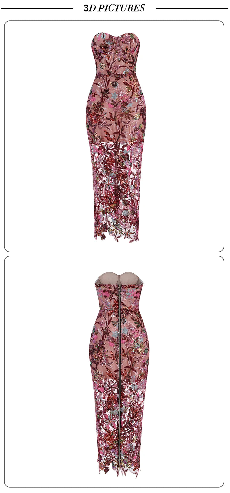 VC Floral Embroidery Sequins Long Dress Strapless Mesh