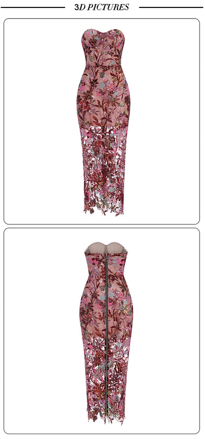 VC Floral Embroidery Sequins Long Dress Strapless Mesh