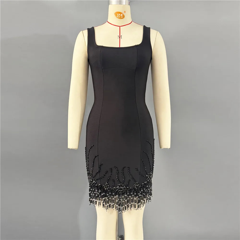 New sexy sleeveless diamond studded mid length dress, beaded tassel bandage dress, dance party dinner dress, short mini skirt