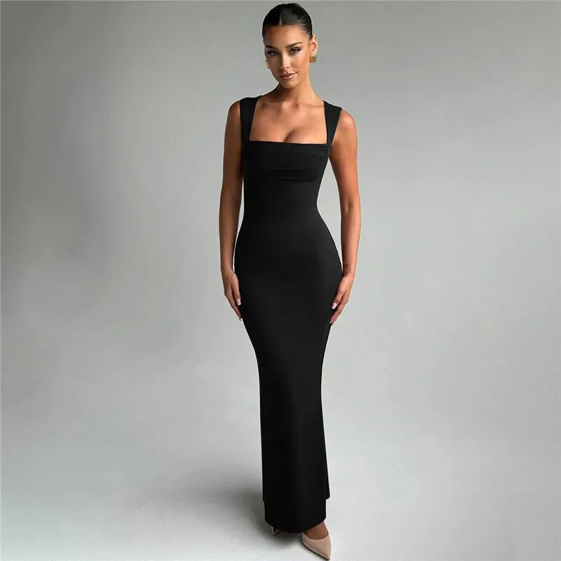 Square Collar Sleeveless Sexy Maxi Dress For Woman Fashion Spring Summer New High Waist Bodycon Club Party Long Dress - Shellss