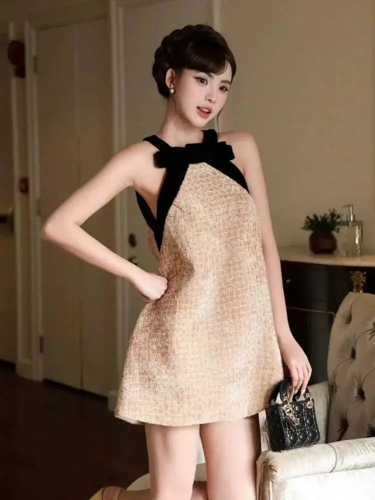 DEAT Women Halter Bow Tweed Mini Dress Color Block Neck Trim Loose Straight Cut Sleeveless Elegant Cocktail Birthday Daily