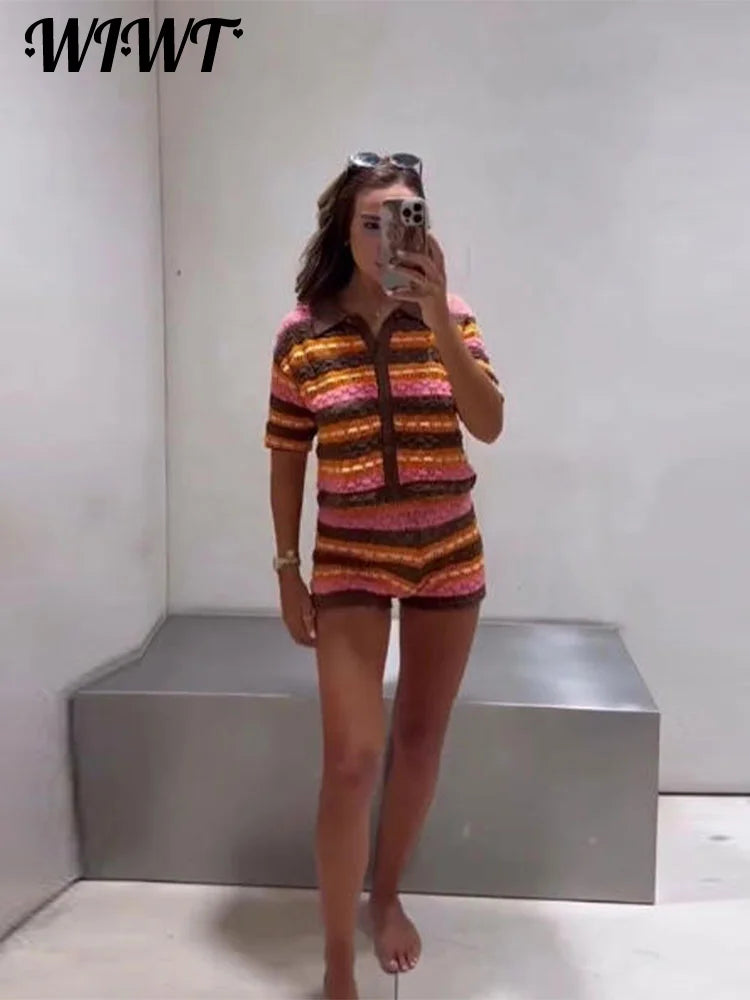 Knitting Stripe Shorts Set