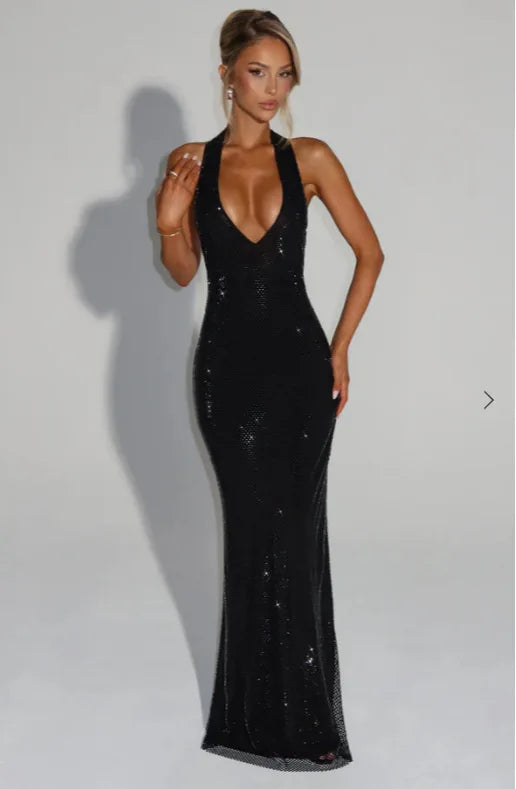 Backless Sequin Nightclub Sexy Party Dress Women Halter  Spring Summer Dress Slim Bodycon Maxi Long Dresses
