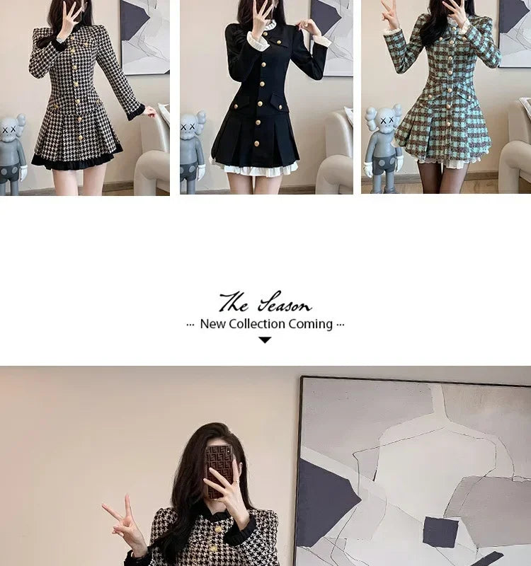 Elegance Tweed Style Waist-fitted Dress