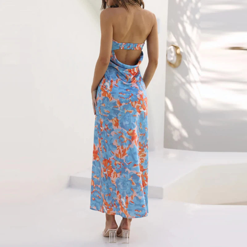 Floral Print backless vacation dress