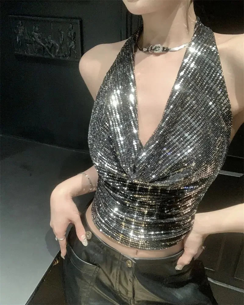 Shiny Sequin Halter Neck Crop Top Sparkly