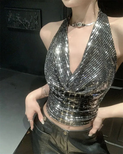 Shiny Sequin Halter Neck Crop Top Sparkly