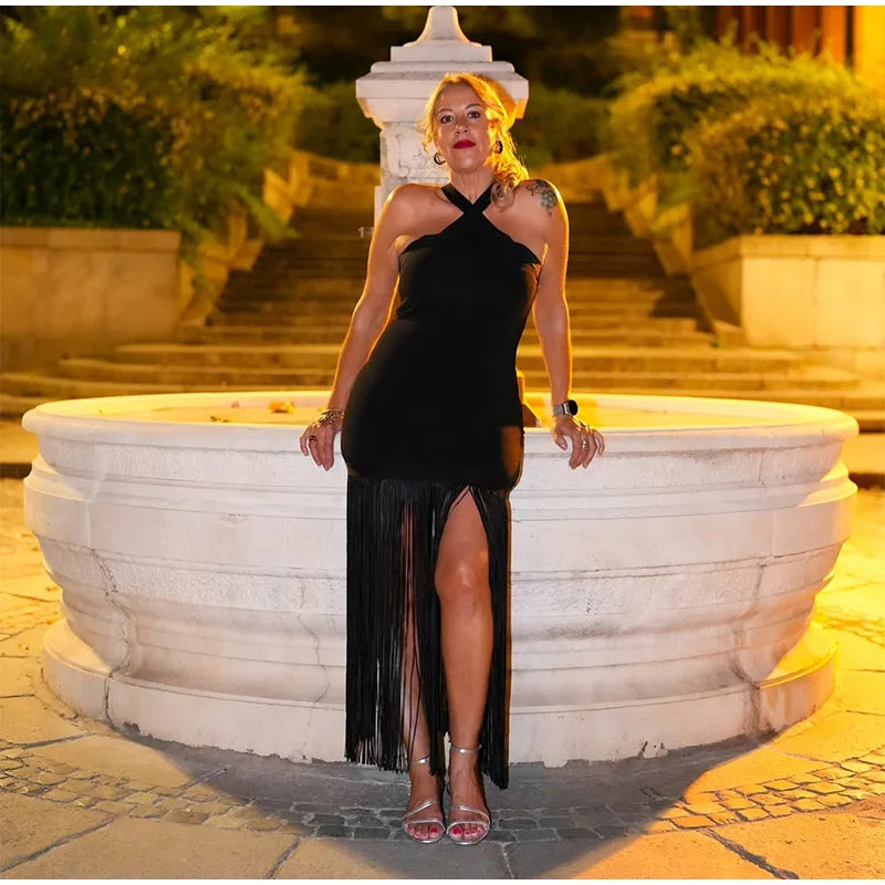 Party Tassel Dress halter neck celebrity