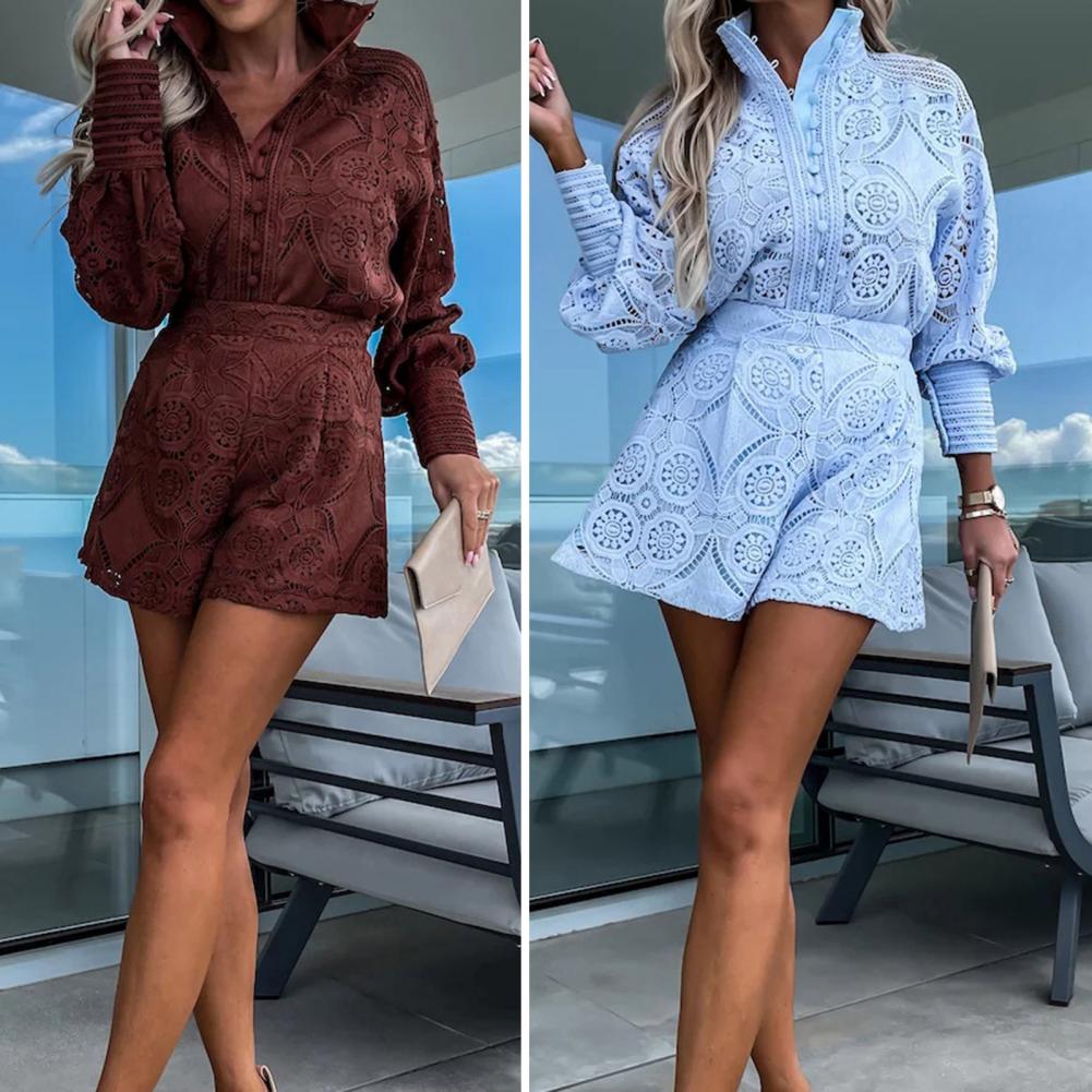 Elegant Lace Embroidered Blouse & Wide-Leg Shorts Set