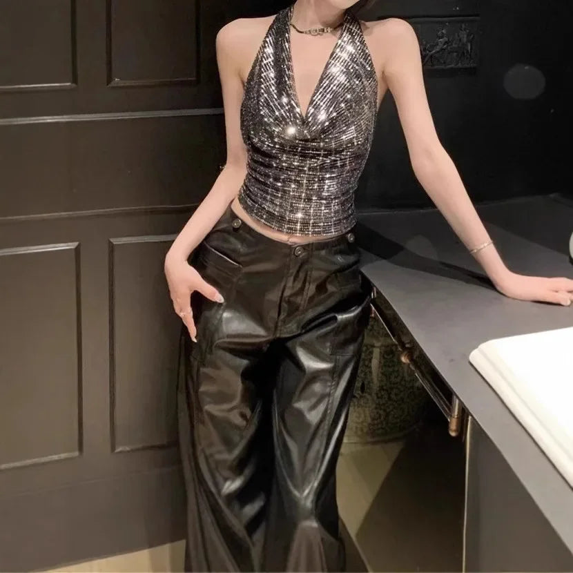 Shiny Sequin Halter Neck Crop Top Sparkly