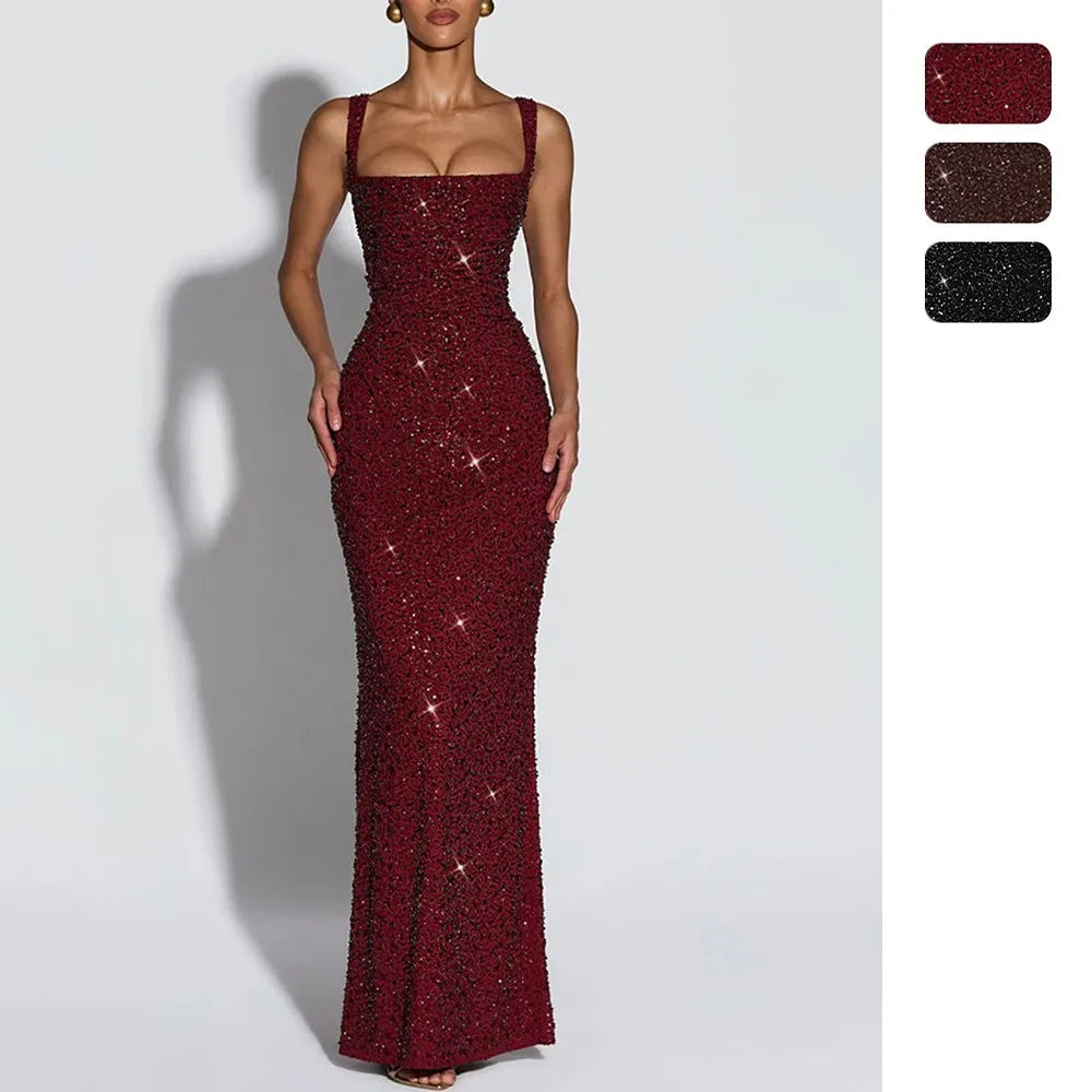 Women European American Sequin Cami Dress Sleeveless Tie Slim Fit Cocktail Party Evening Gown