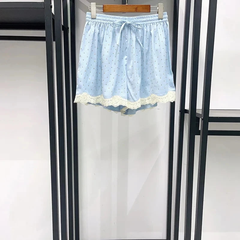 Rhinestone Decoration Women's Lace Trim Short Shirt Waist Drawstring Blouse Top or Lace-Up Waist Elastic Shorts for Summer New - Shellss