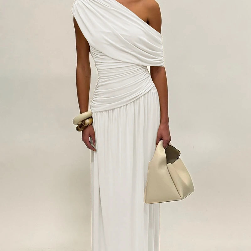 Hugcitar One Shoulder Ruched Sleeveless Solid Pleated Sexy Irregular Y2K Maxi Dress Summer Elegant Party Women Clothes Vacation - Shellss