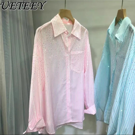 Lightweight Loose Stripes Rhinestone Shirt