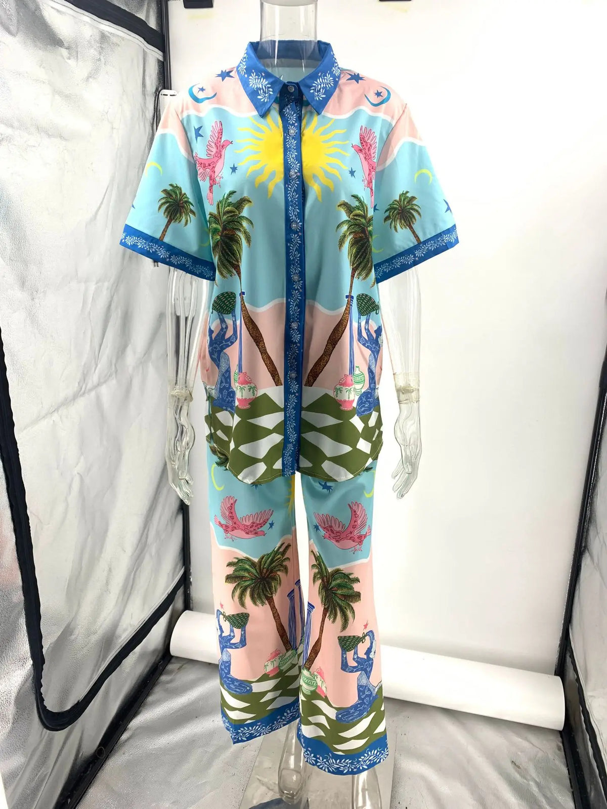 Printed Short Sleeve Tether Set Women's Fashion Ensemble Long Pants Winter Season Brand Unbranded Three-piece Combination - Shellss
