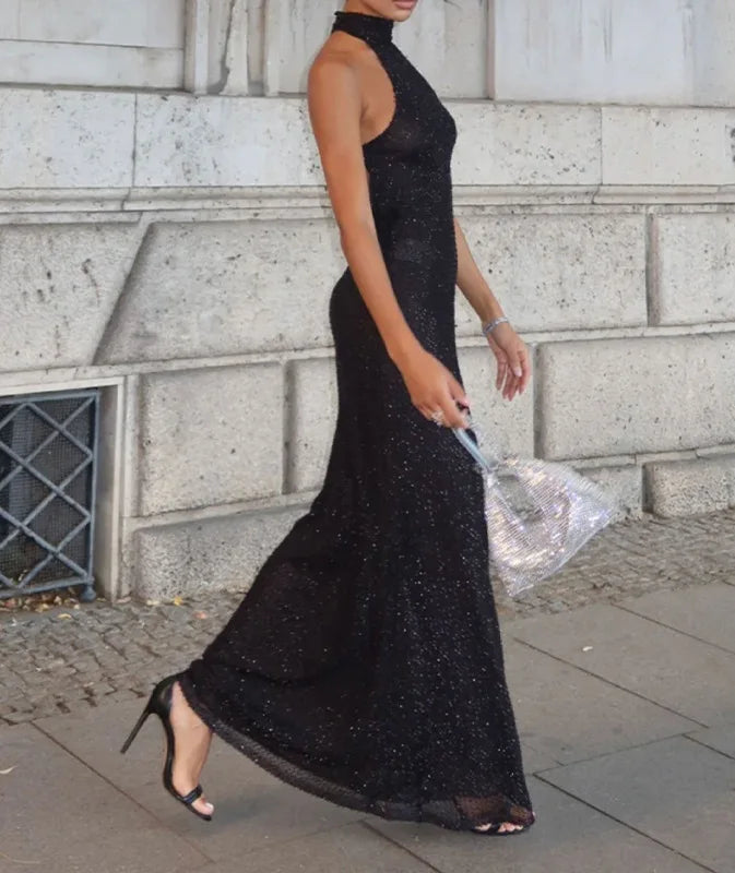 Sexy Slimming Neckline Evening Dress Mesh Grid Pattern Long Sleeve Polyester Fabric Evening Gown for Party And Commute