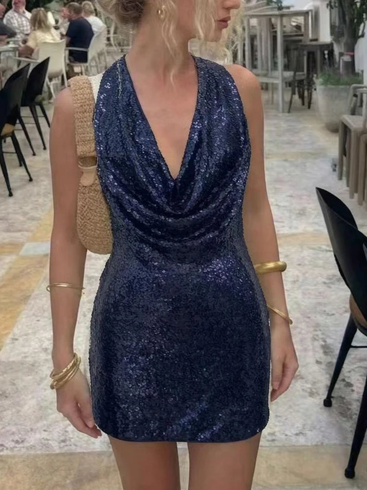 Casual Sleeveless Bodycon Short Party Dresses Women Sexy Halter Glitter Sequin Mini Dress Summer Backless Hollow Slim Hips Dress - Shellss