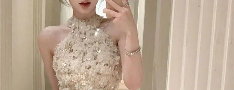 Summer New Little Fragrance Style Hot Girl Tassel Bright Particle Top Bodycon High Waist  Skirt Two Piece Set Women