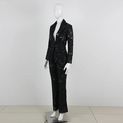 HIGH STREET Newest 2024 Designer Runway Suit Set Women's Single Button Guipure Lace Blazer  Flare Pants Set