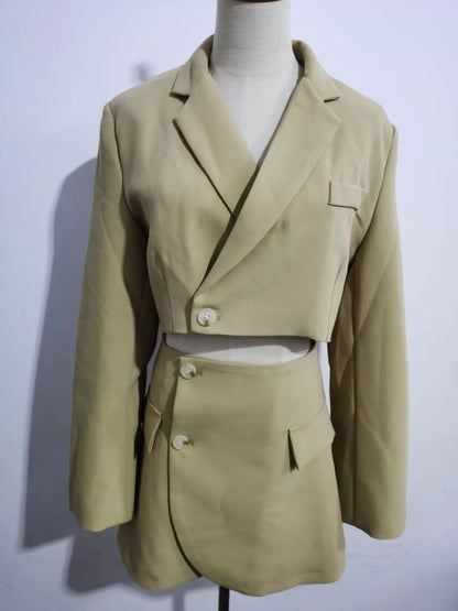 2 pieces 1 set Women One Button Short Blazer Cropped