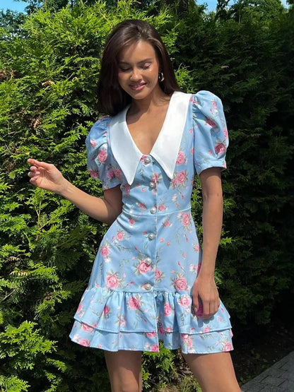 Chic Floral Puff Ruffle Dress
