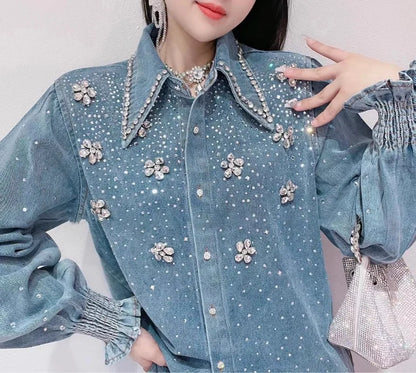 2025 Chic Diamonds Beaded Flowers Denim Blouses Rhinestones