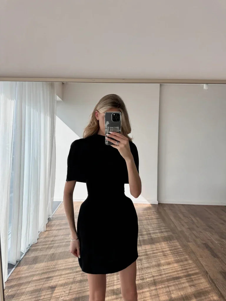 Solid Shawl Mini Dress Elegant Square-neck